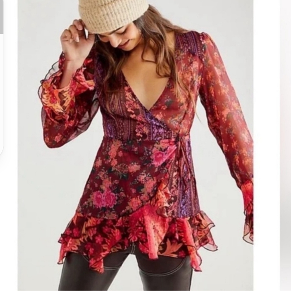 Free People Burgundy & Pink Floral Wrap Blouse